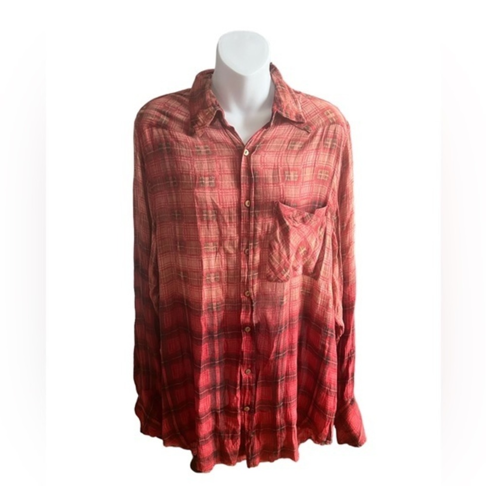 Free People One Grunge Ombré Plaid Button Down Long Sleeve Shirt M